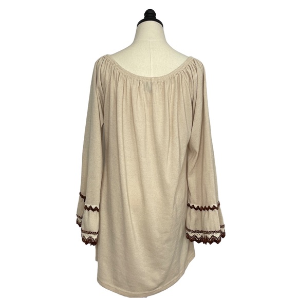 WinWin Tunic Tan with Brown Crochet Accent Bell Sleeves Size L/XL - Picture 5 of 9